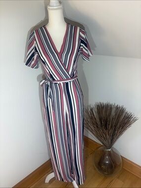 Monteau Los Angeles Striped Wrap Maxi Dress‎ in Pink, Black & White Sz S